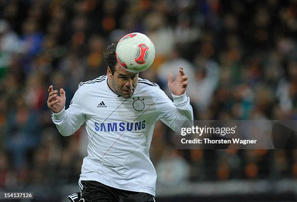 Ulf Kirsten of Germany with a header, pictured during the century match between Germany and Italy at Commerzbank Arena on October 14, 2012 in...