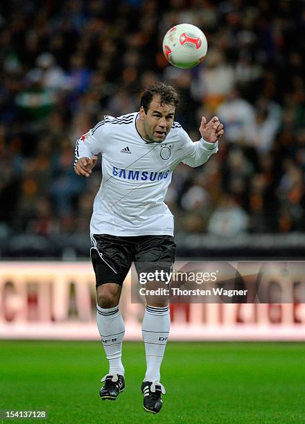 Ulf Kirsten of Germany with a header, pictured during the century match between Germany and Italy at Commerzbank Arena on October 14, 2012 in...