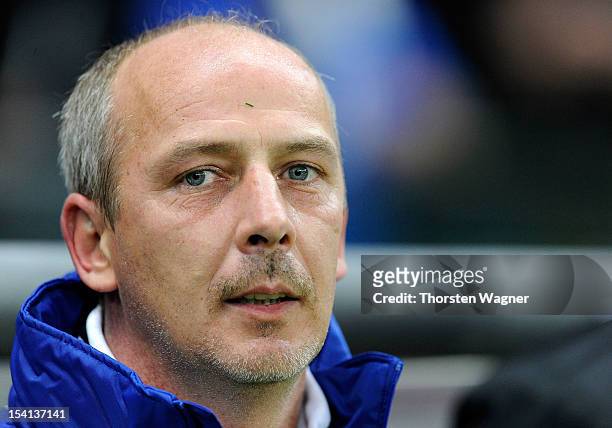 Mario Basler of Germany looks on prior to the century match between Germany and Italy at Commerzbank Arena on October 14, 2012 in Frankfurt am Main,...