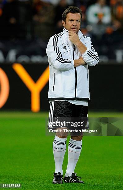 Lothar Matthaeus of Germany looks on prior to the century match between Germany and Italy at Commerzbank Arena on October 14, 2012 in Frankfurt am...