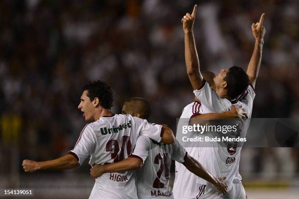 Players of Fluminense celebrate a scored goal against Ponte Preta during a match between Fluminense and Ponte Preta as part of the brazilian...