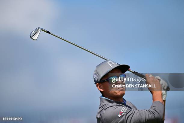 Golfer Rickie Fowler watches his drive from the 4th tee during a practice round for 151st British Open Golf Championship at Royal Liverpool Golf...