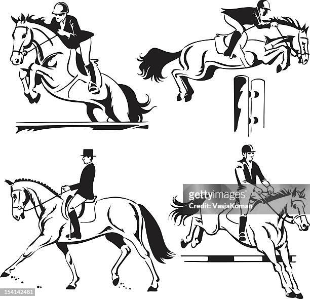 stockillustraties, clipart, cartoons en iconen met equestrian - show jumping and dressage - hindernisrace paardenrennen