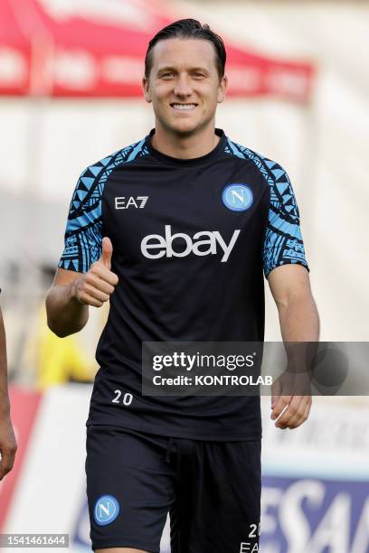 Napoli's Polish midfielder Piotr Zielinski shows thumbs up during the fifth day afternoon session of SSC Napoli's preseason training camp.