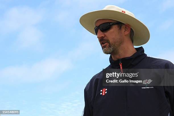 Coach Jason Gillespie of Yorkshire Carmegie attends a training session during the Champions League Twenty20, at Claremont Cricket Club on October 15,...