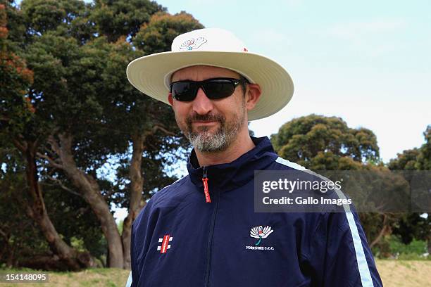 Coach Jason Gillespie of Yorkshire Carmegie attends a training session during the Champions League Twenty20, at Claremont Cricket Club on October 15,...