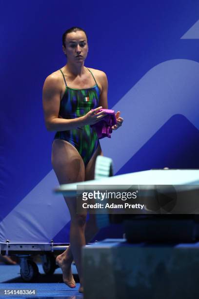 Clare Cryan of Team Ireland competes in the Women's 1m Springboard Preliminaries on day one of the Fukuoka 2023 World Aquatics Championships at...