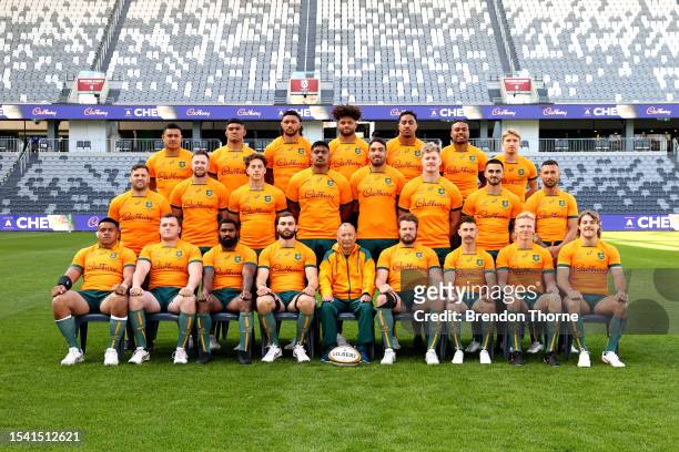 The Wallabies pose for a team photo prior to an Australia Wallabies Captain's Run at CommBank Stadium on July 14, 2023 in Sydney, Australia.
