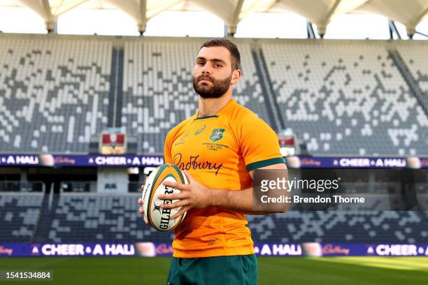 Josh Kemeny of the Wallabies poses for a portrait prior to an Australia Wallabies Captain's Run at CommBank Stadium on July 14, 2023 in Sydney,...