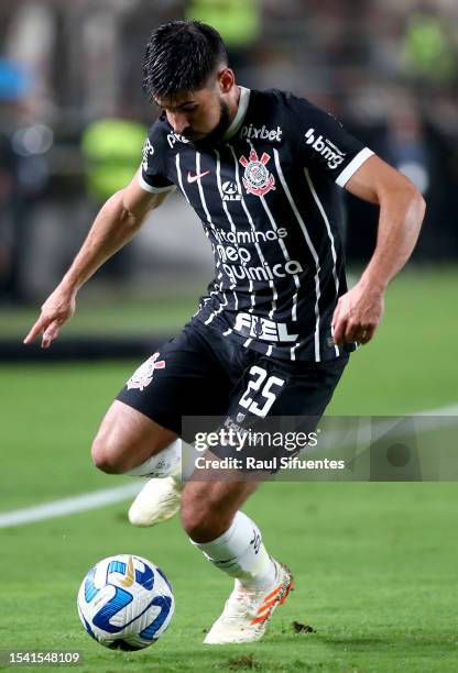 Bruno Mendez of Corinthians drives the ball during the second leg of the round of 32 playoff match between Universitario and Corinthians at Estadio...