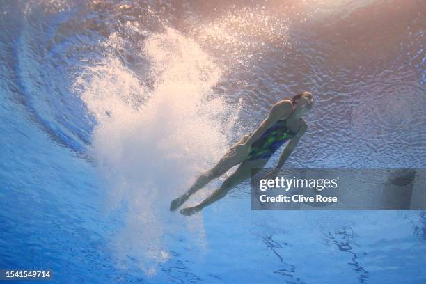 Clare Cryan of Team Ireland competes in the Women's 1m Springboard Preliminaries on day one of the Fukuoka 2023 World Aquatics Championships at...