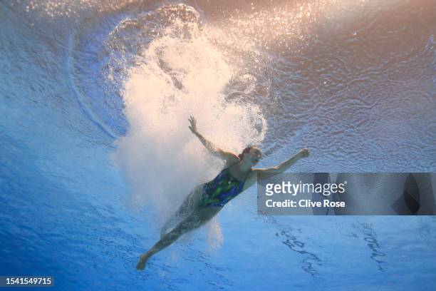 Clare Cryan of Team Ireland competes in the Women's 1m Springboard Preliminaries on day one of the Fukuoka 2023 World Aquatics Championships at...