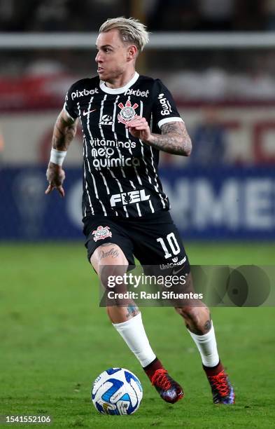 Roger Krug of Corinthians drives the ball during the second leg of the round of 32 playoff match between Universitario and Corinthians at Estadio...