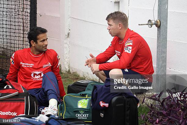 Irfan Pathan and David Warner of Delhi Daredevils attend a training session during the Champions League Twenty20 at Sahara Park Kingsmead on October...