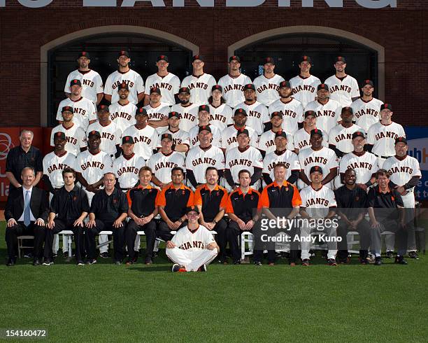 The 2012 San Francisco Giants pose for their team photo on August 24, 2012 at AT&T Park in San Francisco, California. Back Row: Jeremy Affeldt,...