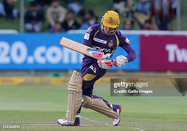 Brendon McCullum of the Kolkata Knight Riders in action during the Karbonn Smart CLT20 match between Kolkata Knight Riders and Auckland Aces at...