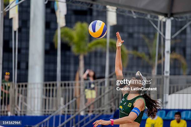 Talita Rocha hits a return during the Women's Beach Volleyball Circuits Banco do Brasil at Centro Administrativo on October 12, 2012 in Belo...