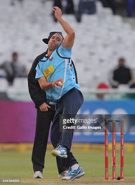 Andre Adams of the Auckland Aces bowls during the Karbonn Smart CLT20 match between Kolkata Knight Riders and Auckland Aces at Sahara Park Newlands...