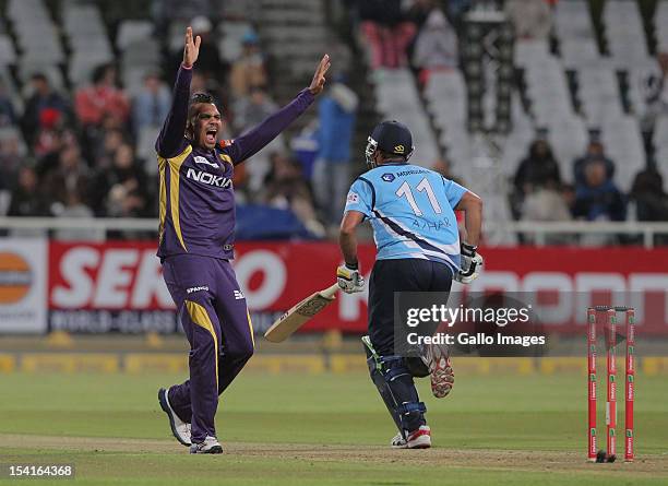 Sunil Narine of the Kolkata Knight Riders reacts during the Karbonn Smart CLT20 match between Kolkata Knight Riders and Auckland Aces at Sahara Park...