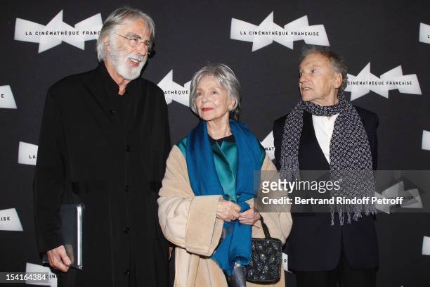 Michael Haneke, Austrian director, Emmanuelle Riva and Jean-Louis Trintignant attend attend 'Amour' Premiere at la cinematheque on October 15, 2012...