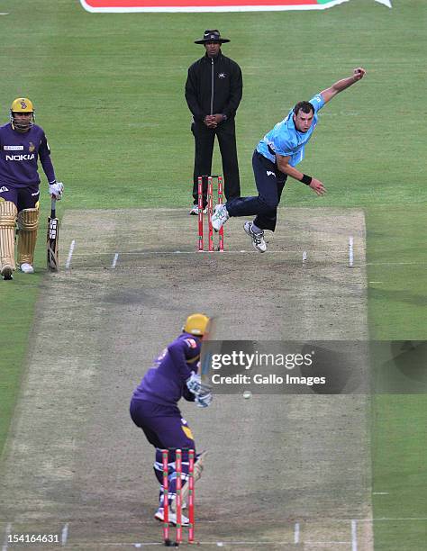 Kyle Mills of the Auckland Aces bowls during the Karbonn Smart CLT20 match between Kolkata Knight Riders and Auckland Aces at Sahara Park Newlands on...