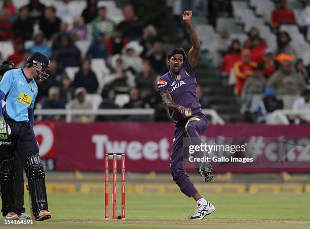 Lakshmipathy Balaji of the Kolkata Knight Riders bowls during the Karbonn Smart CLT20 match between Kolkata Knight Riders and Auckland Aces at Sahara...