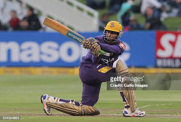 Shakib Al Hassan of the Kolkata Knight Riders in action during the Karbonn Smart CLT20 match between Kolkata Knight Riders and Auckland Aces at...