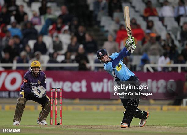 Martin Guptill of the Auckland Aces in action during the Karbonn Smart CLT20 match between Kolkata Knight Riders and Auckland Aces at Sahara Park...