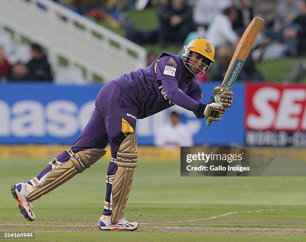 Shakib Al Hassan of the Kolkata Knight Riders in action during the Karbonn Smart CLT20 match between Kolkata Knight Riders and Auckland Aces at...