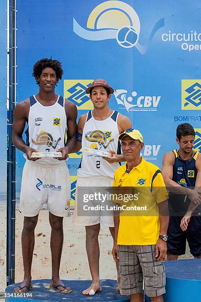 Alvaro Filho celebrats after winning second place during the Men's Beach Volleyball Circuits Banco do Brasil at Centro Administrativo on October 12,...