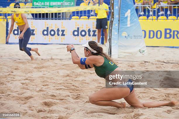 Maria Elisa Antonelli dives to attempt a return shot during the Women's Beach Volleyball Circuits Banco do Brasil at Centro Administrativo on October...