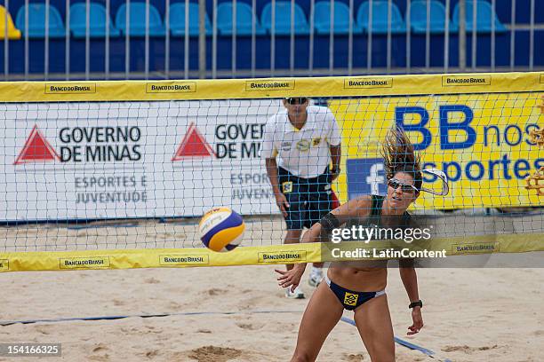 Maria Elisa Antonelli dives to attempt a return shot during the Women's Beach Volleyball Circuits Banco do Brasil at Centro Administrativo on October...