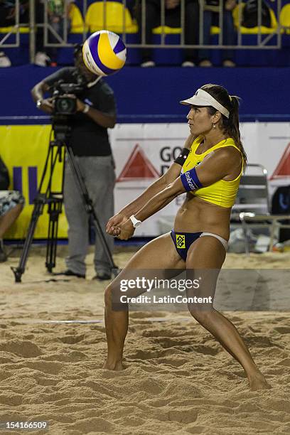 Maria Elisa Antonelli hits a return during the Women's Beach Volleyball Circuits Banco do Brasil at Centro Administrativo on October 12, 2012 in Belo...