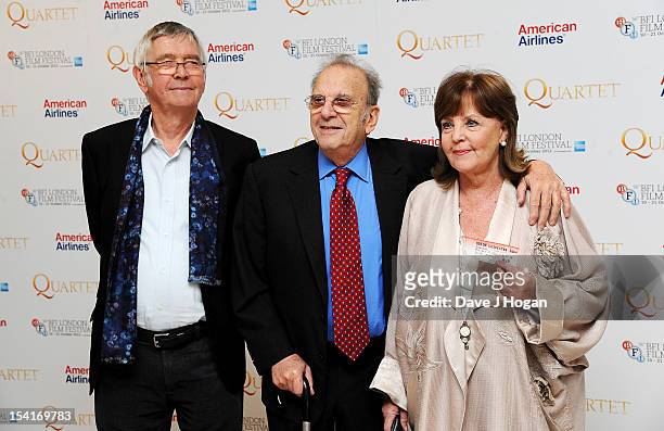 Actor Tom Courtenay, Writer Ronald Harwood and actress Pauline Collins pose at the premiere of 'Quartet' during the 56th BFI London Film Festival at...