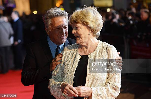 Dame Maggie Smith and Director Dustin Hoffman attend the premiere of 'Quartet' during the 56th BFI London Film Festival at Odeon Leicester Square on...