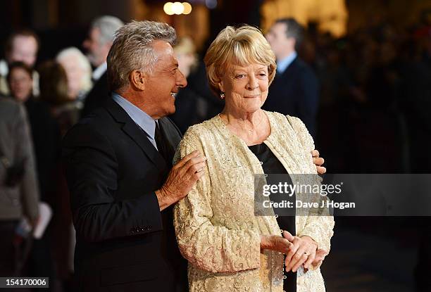 Dame Maggie Smith and Director Dustin Hoffman attend the premiere of 'Quartet' during the 56th BFI London Film Festival at Odeon Leicester Square on...