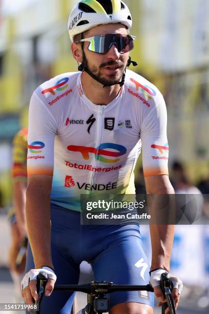 Anthony Turgis of France and TotalEnergies crosses the finish line of stage twelve of the 110th Tour de France 2023, a 168.8km stage from Roanne to...