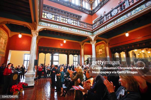 Phoebe Tudor, Chair of the Julia Ideson Library Preservation Partners, is honored in the newly renovated Tudor Gallery during the public dedication...