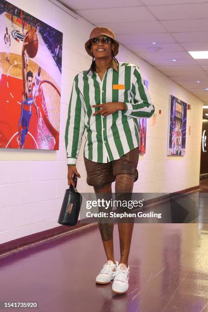 Brittney Sykes of the Washington Mystics arrives to the arena before the game on July 19, 2023 at Capital One Arena in Washington, D.C. NOTE TO USER:...