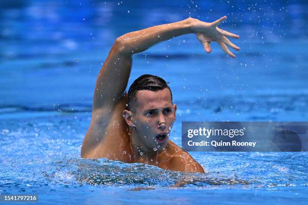 Gustavo Sanchez of Team Columbia competes in the Artistic Swimming Men’s Solo Technical Preliminaries on day one of the Fukuoka 2023 World Aquatics...