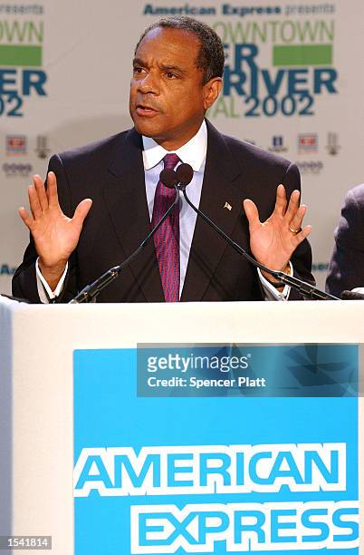 American Express Chairman and CEO Kenneth Chenault speaks during a homecoming ceremony for American Express at the company's world headquarters at...