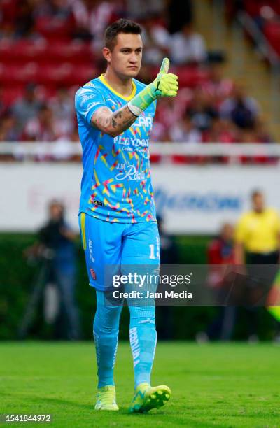 Raul Gudino, goalkeeper of Necaxa, gestures during the 3rd round match between Chivas and Necaxa as part of the Torneo Apertura 2023 Liga MX at Akron...