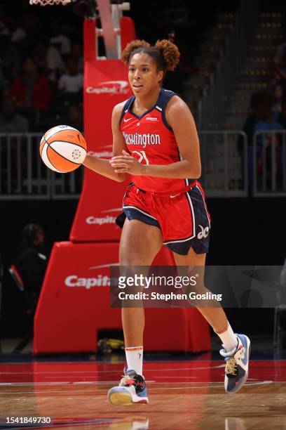 Tianna Hawkins of the Washington Mystics handles the ball during the game on July 19, 2023 at Capital One Arena in Washington, D.C. NOTE TO USER:...