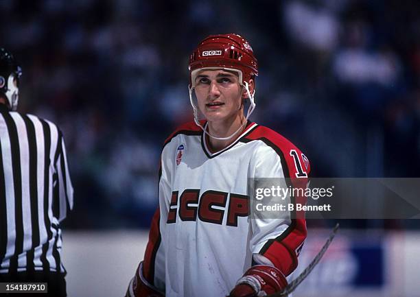 Sergei Fedorov of the Soviet Union stands on the icel during the 1991 Canada Cup in September, 1991 in Canada.