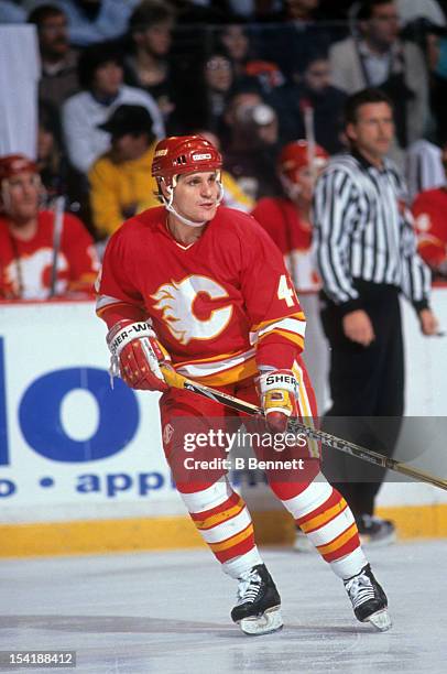 Sergei Makarov of the Calgary Flames skates on the ice during an NHL game against the Philadelphia Flyers on January 22, 1991 at the Spectrum in...