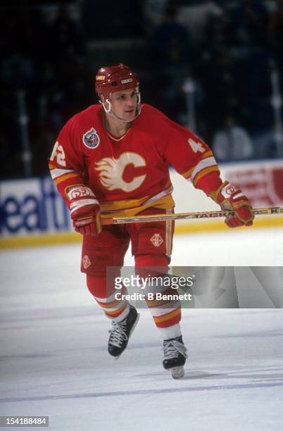 Sergei Makarov of the Calgary Flames skates on the ice during an NHL game against the New York Islanders on January 12, 1993 at the Nassau Coliseum...