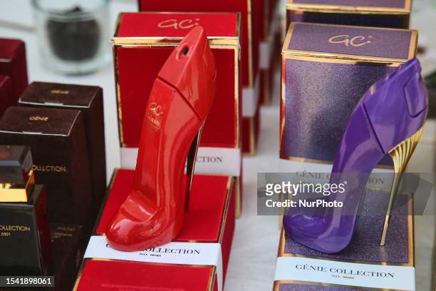 Luxury perfumes and colognes imported from Dubai displayed during the Taste of the Middle East Festival in Toronto, Ontario, Canada, on July 16,...