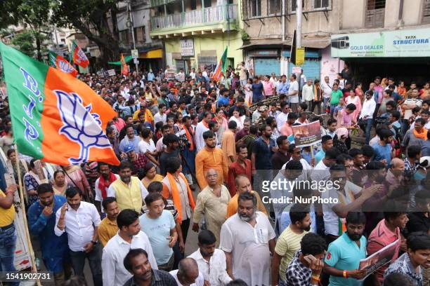Bjp party senior leaders and supporters participate in the a mass protest rally during the protest against the recently West Bengal panchayat...