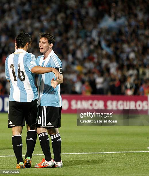 Lionel Messi and Sergio Agüero of Argentina celebrates a goal during a match between Argentina and Uruguay as part of the South American Qualifiers...