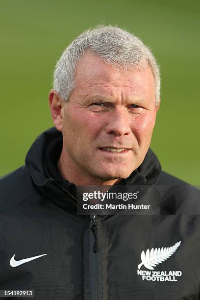 All Whites coach Ricki Herbert walks on the field prior to the 2014 FIFA World Cup Qualifier match between the New Zealand All Whites and Tahiti at...